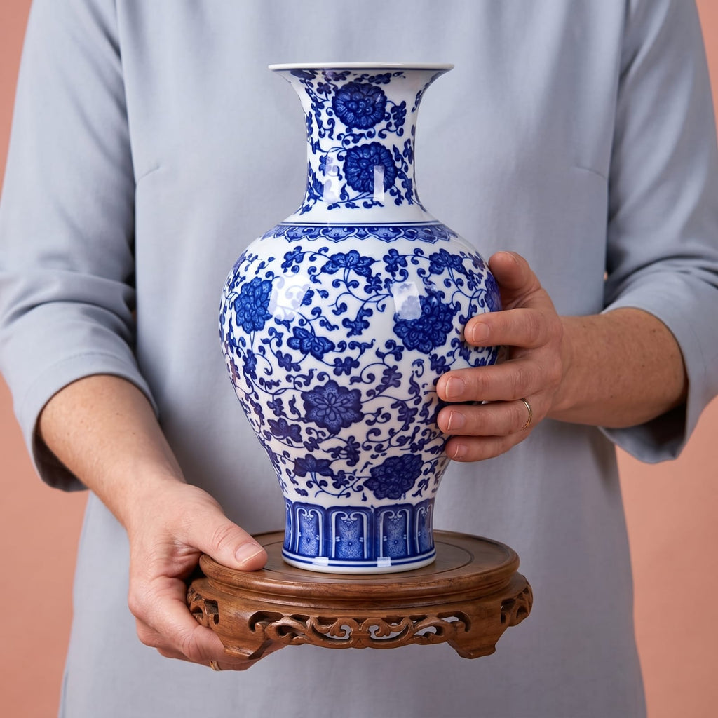 Vase chinois bleu et blanc fleurs