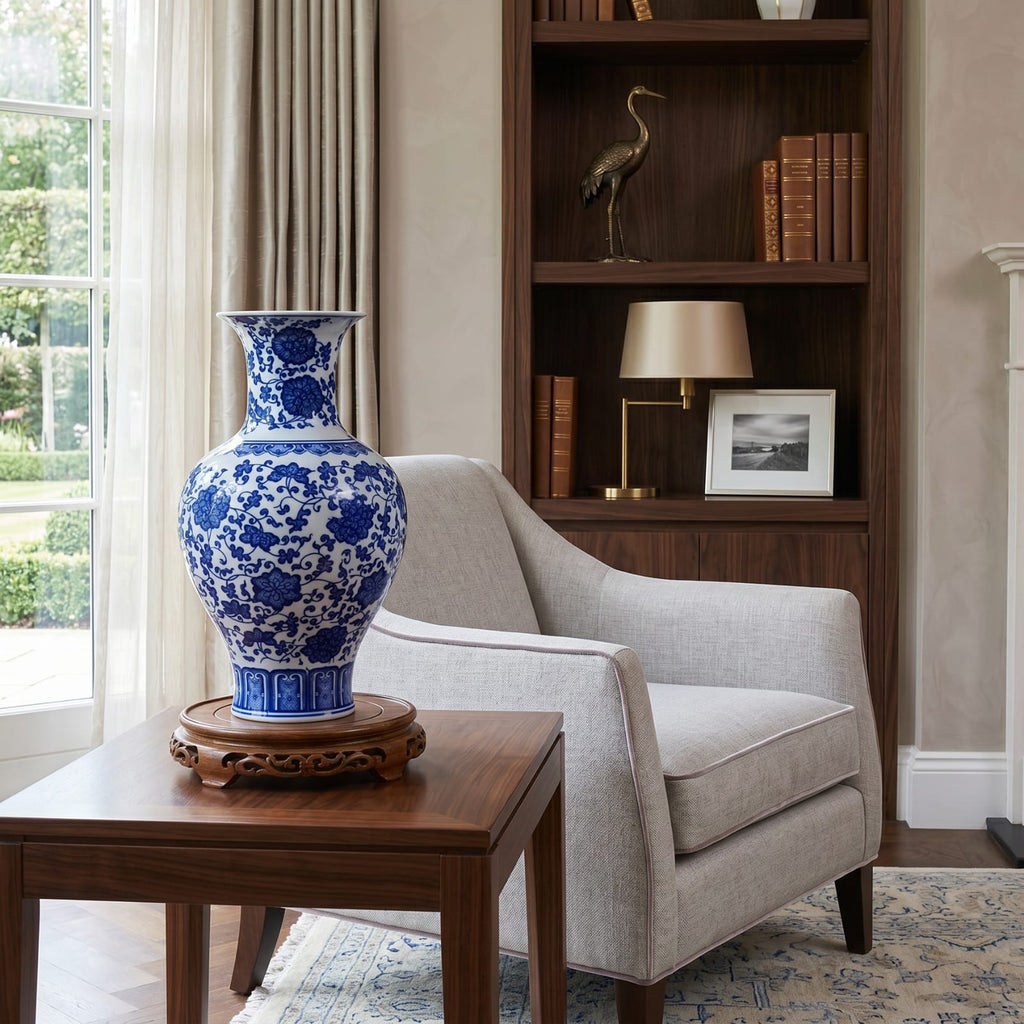 Vase chinois bleu et blanc fleurs