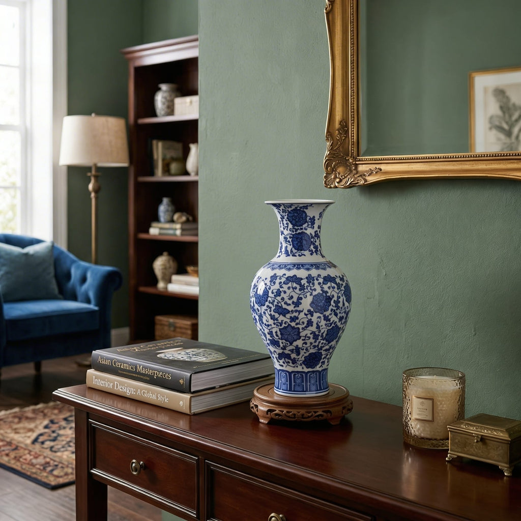 Vase chinois bleu et blanc fleurs