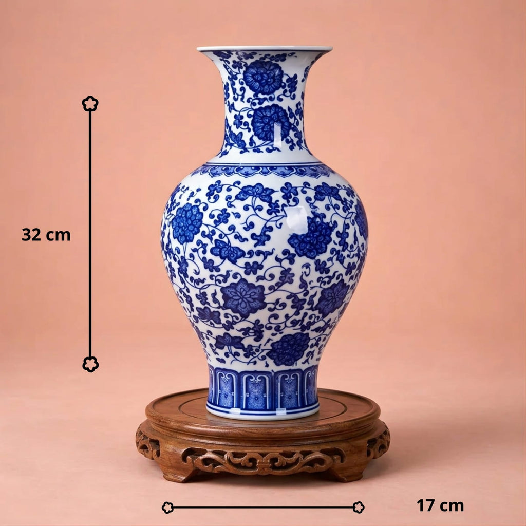 Vase chinois bleu et blanc fleurs