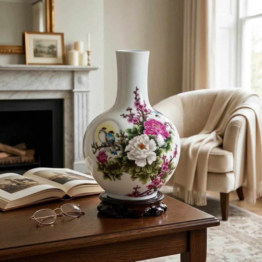 Vase chinois en céramique blanc modèle fleural