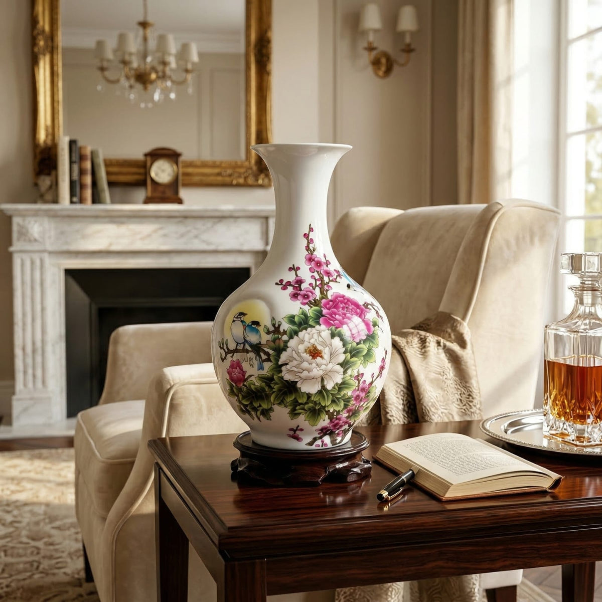 Vase chinois en céramique blanc modèle fleural
