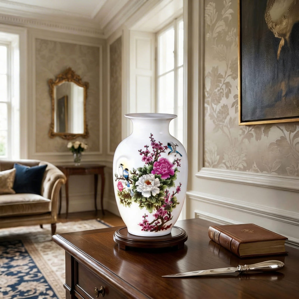 Vase chinois en céramique blanc modèle fleural