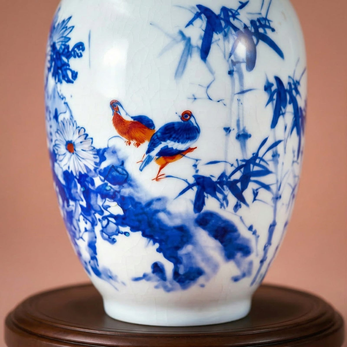 Vase chinois en céramique et porcelaine motif bambou bleu & oiseaux