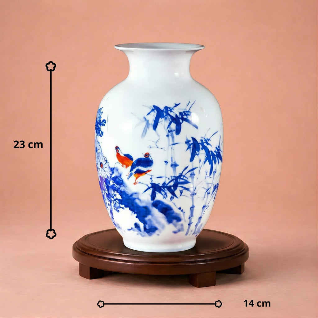 Vase chinois en céramique et porcelaine motif bambou bleu & oiseaux
