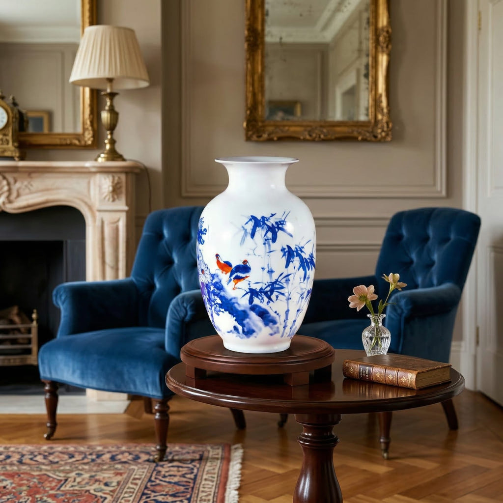 Vase chinois en céramique et porcelaine motif bambou bleu & oiseaux