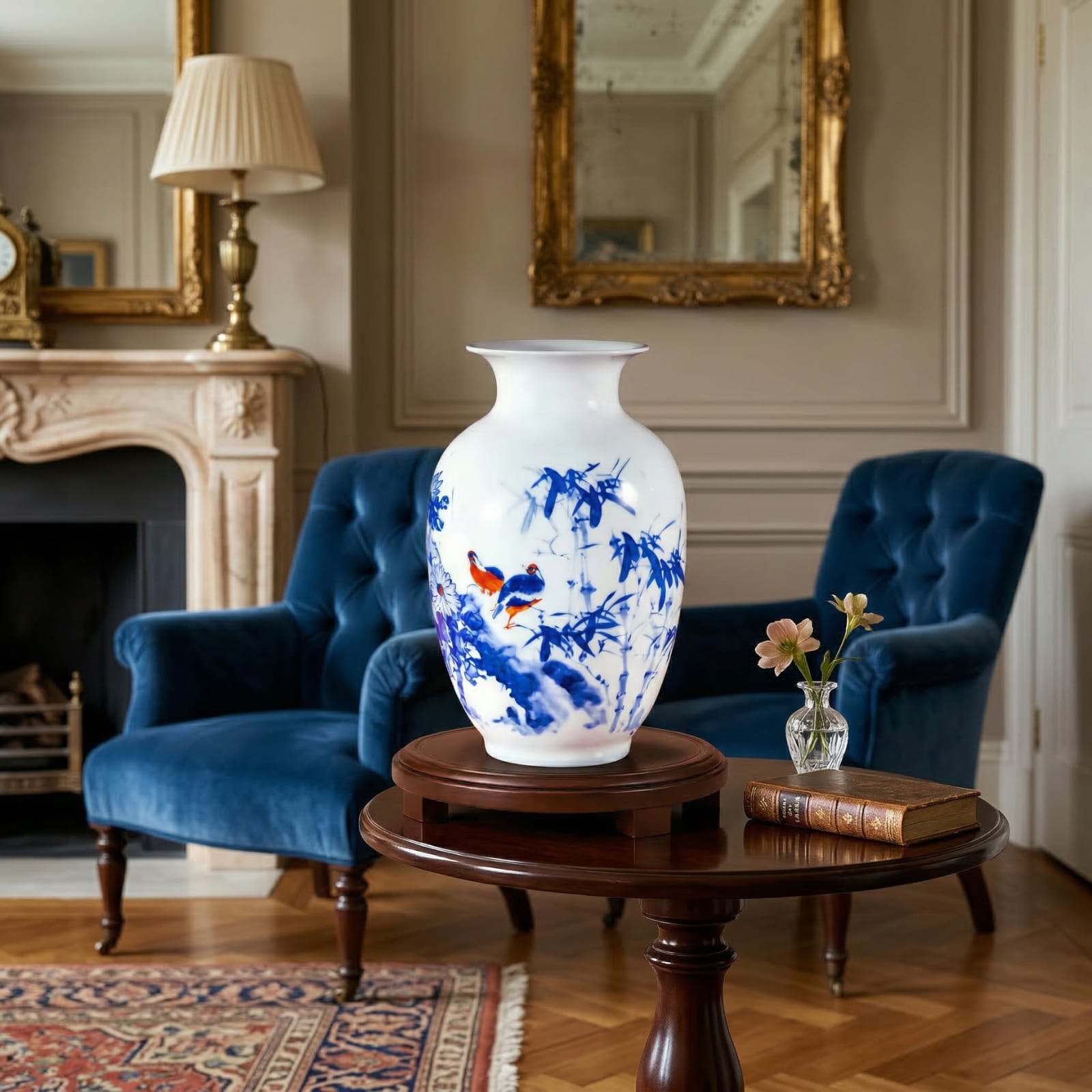 Vase chinois en céramique et porcelaine motif bambou bleu & oiseaux Image