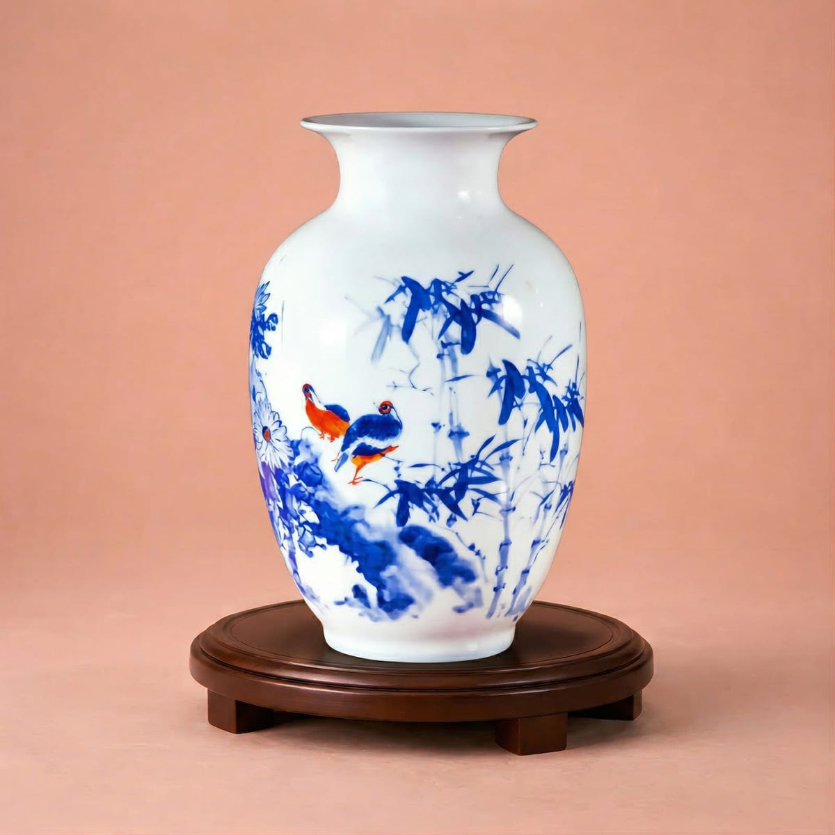 Vase chinois en céramique et porcelaine motif bambou bleu & oiseaux