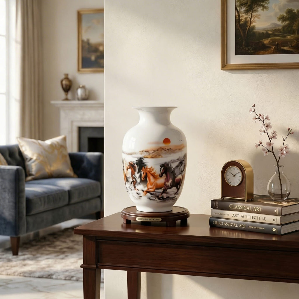 Vase chinois en céramique et porcelaine motif chevaux