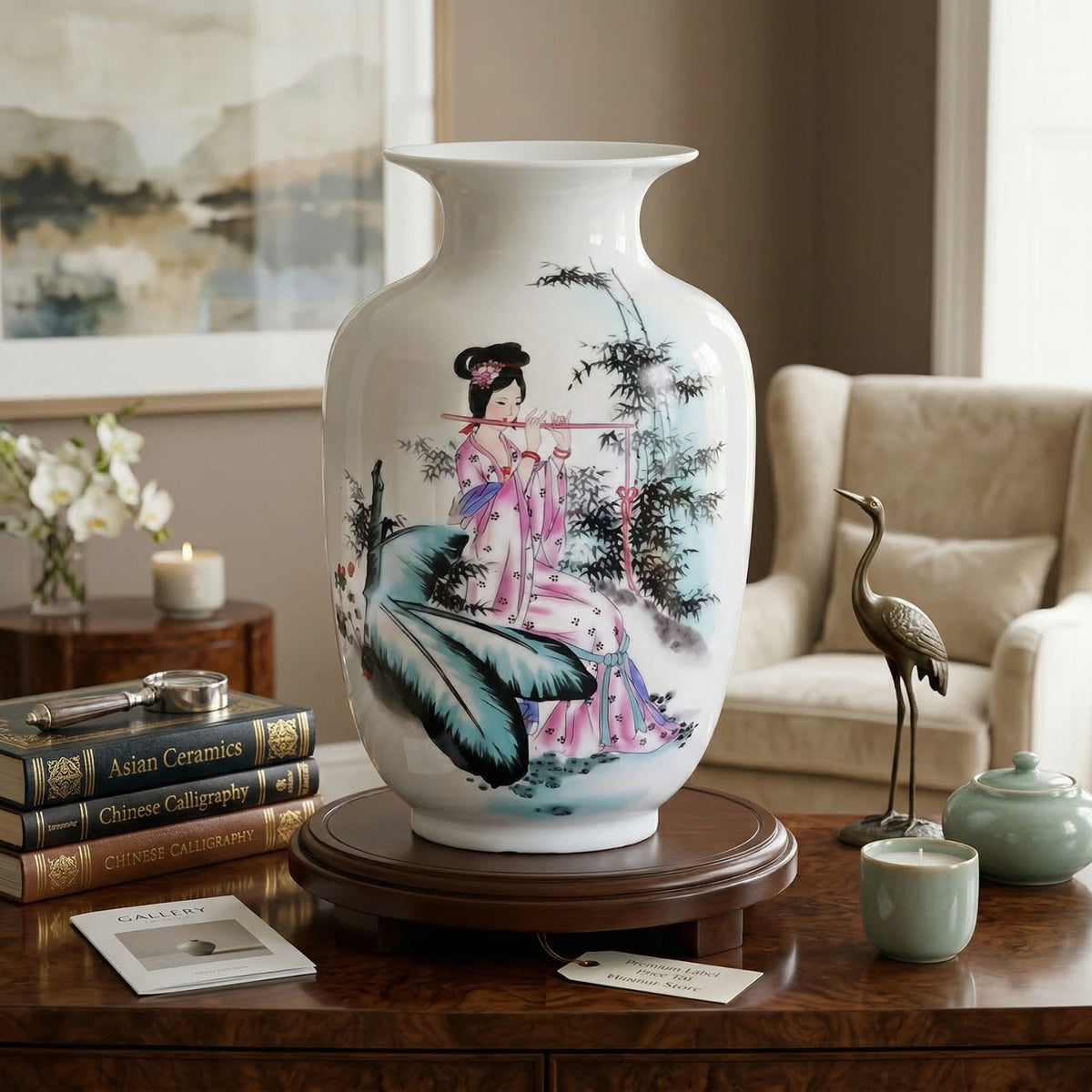 Vase chinois en céramique et porcelaine motif dame chinoise