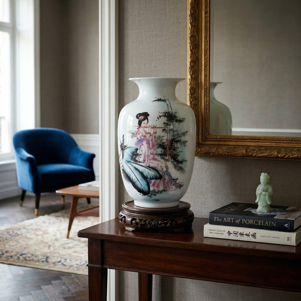 Vase chinois en céramique et porcelaine motif dame chinoise