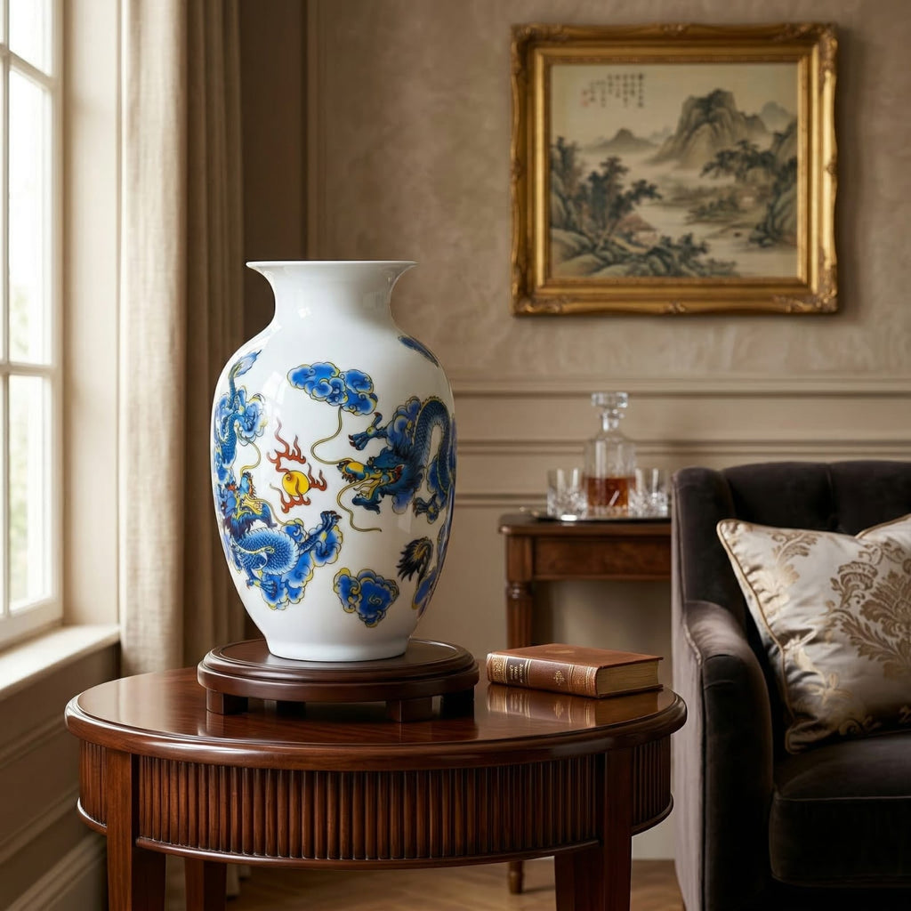 Vase chinois en céramique et porcelaine motif dragon bleu