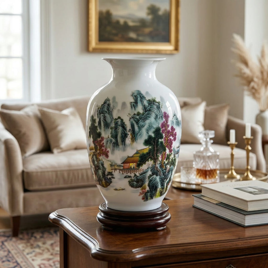 Vase chinois en céramique et porcelaine motif forêt et montagne