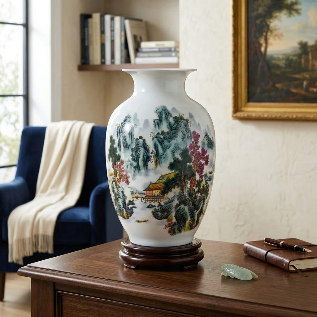 Vase chinois en céramique et porcelaine motif forêt et montagne