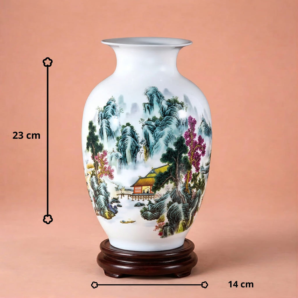 Vase chinois en céramique et porcelaine motif forêt et montagne