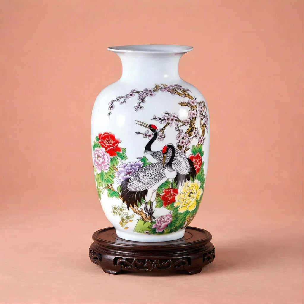 Vase chinois en céramique et porcelaine motif grues & fleurs multicolores