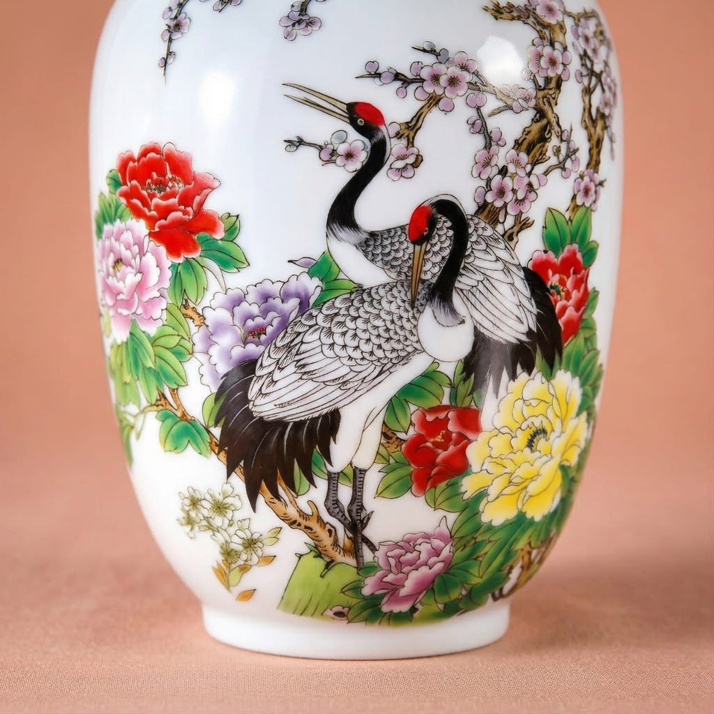 Vase chinois en céramique et porcelaine motif grues & fleurs multicolores