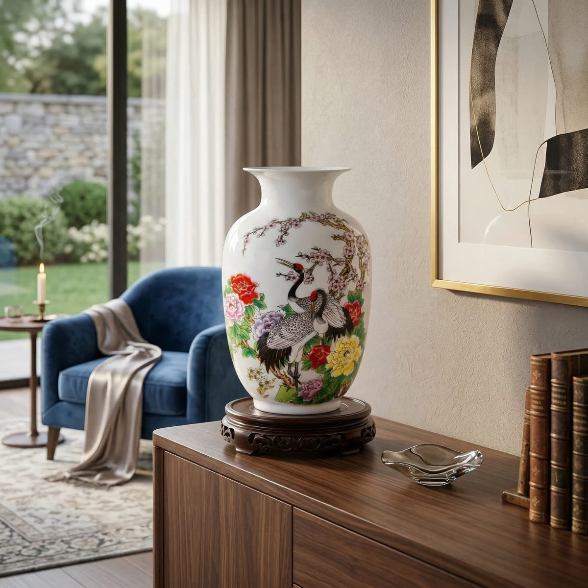 Vase chinois en céramique et porcelaine motif grues & fleurs multicolores