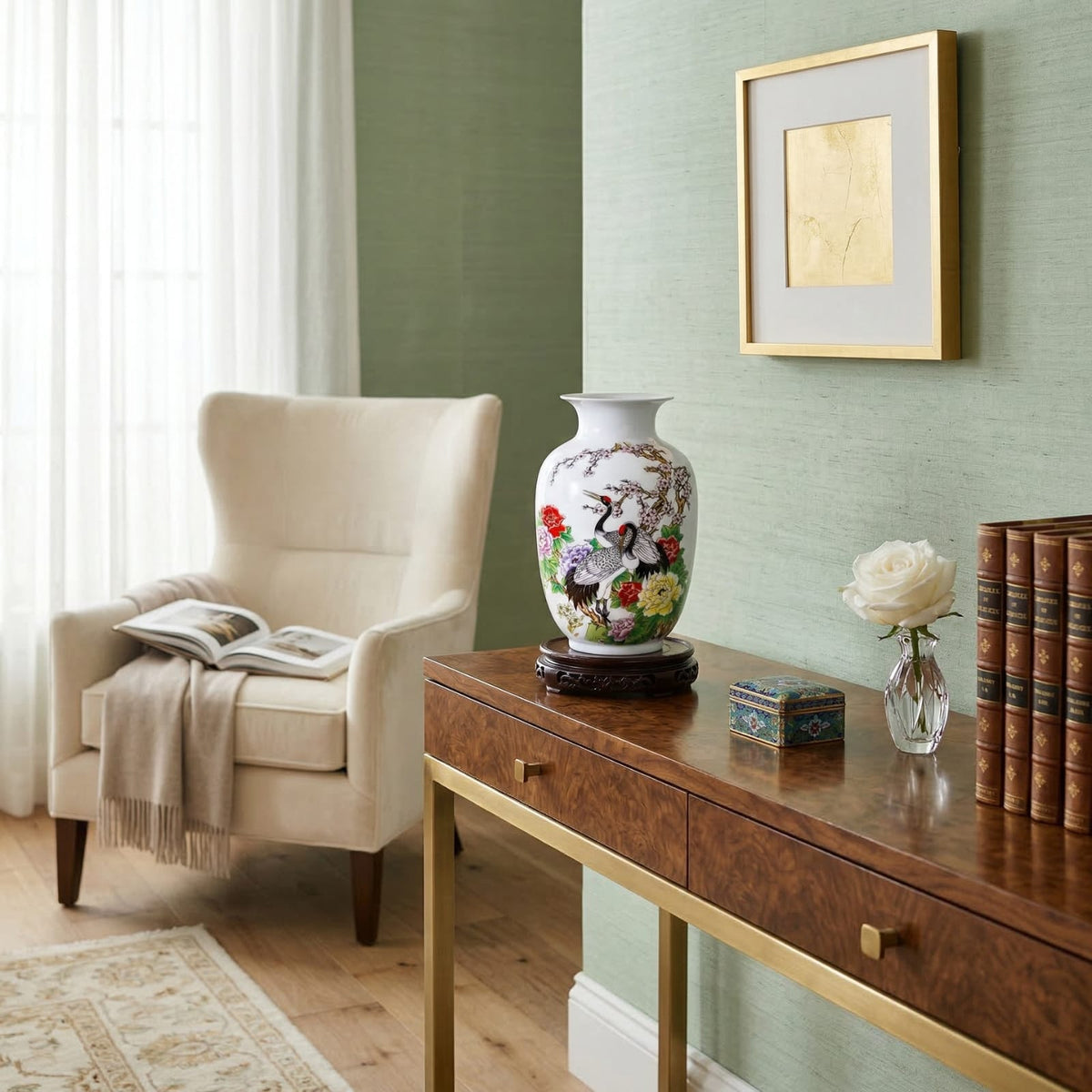 Vase chinois en céramique et porcelaine motif grues & fleurs multicolores
