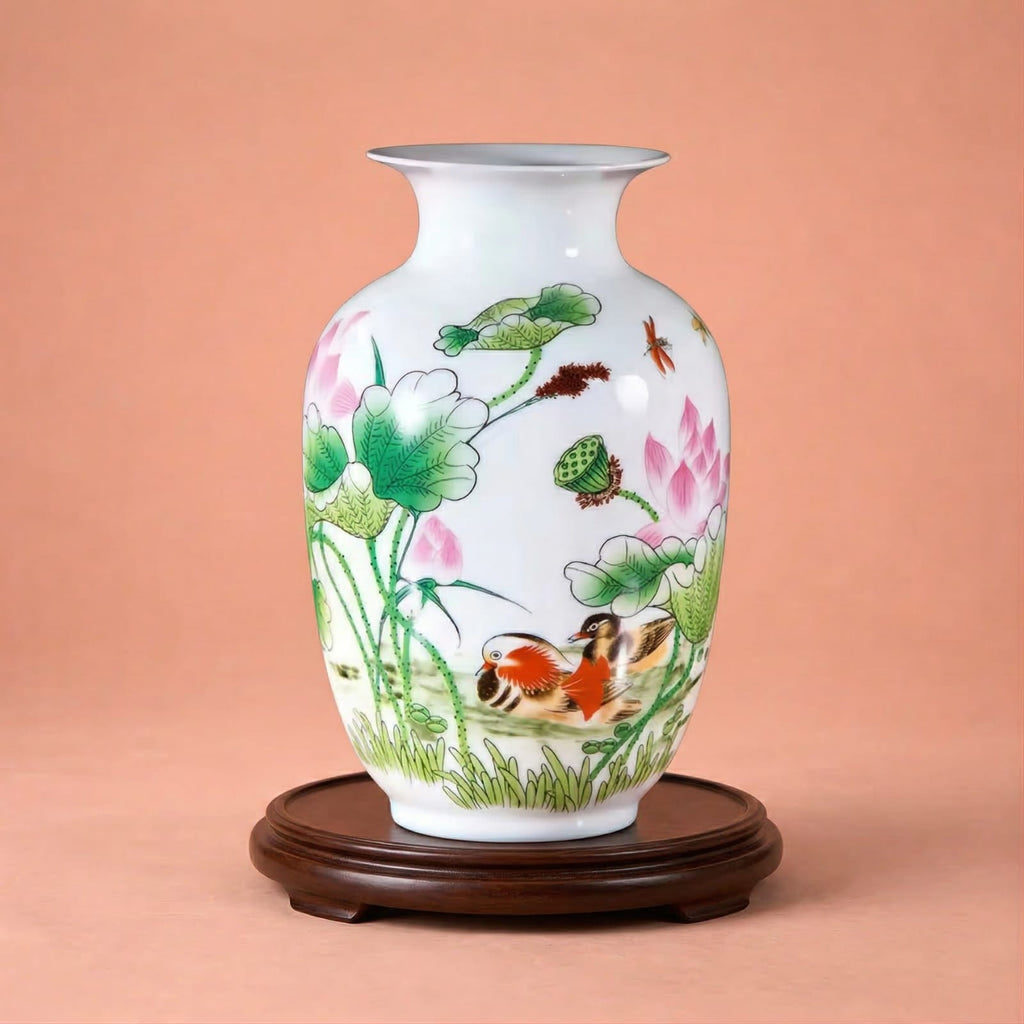 Vase chinois en céramique et porcelaine motif lotus