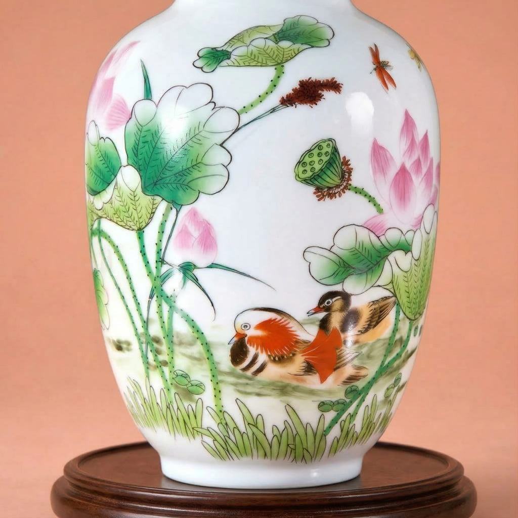Vase chinois en céramique et porcelaine motif lotus
