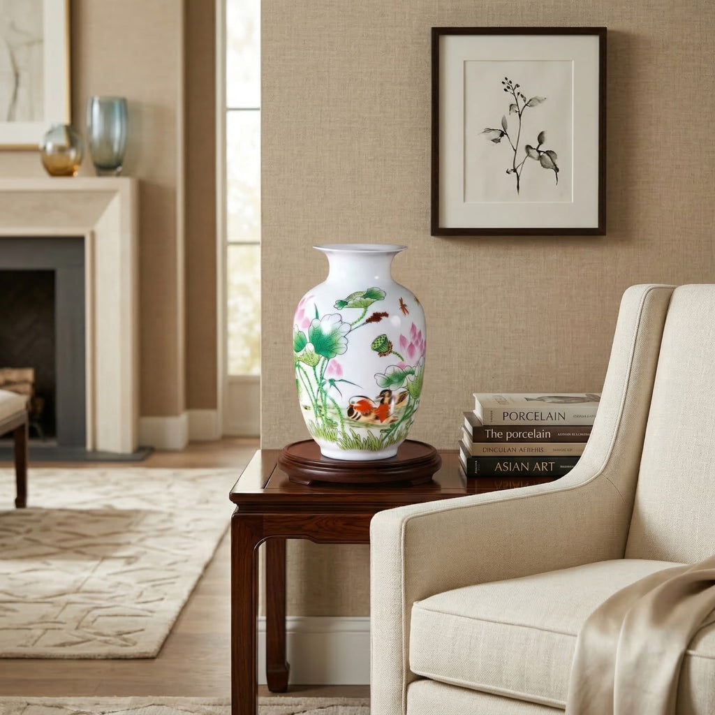 Vase chinois en céramique et porcelaine motif lotus