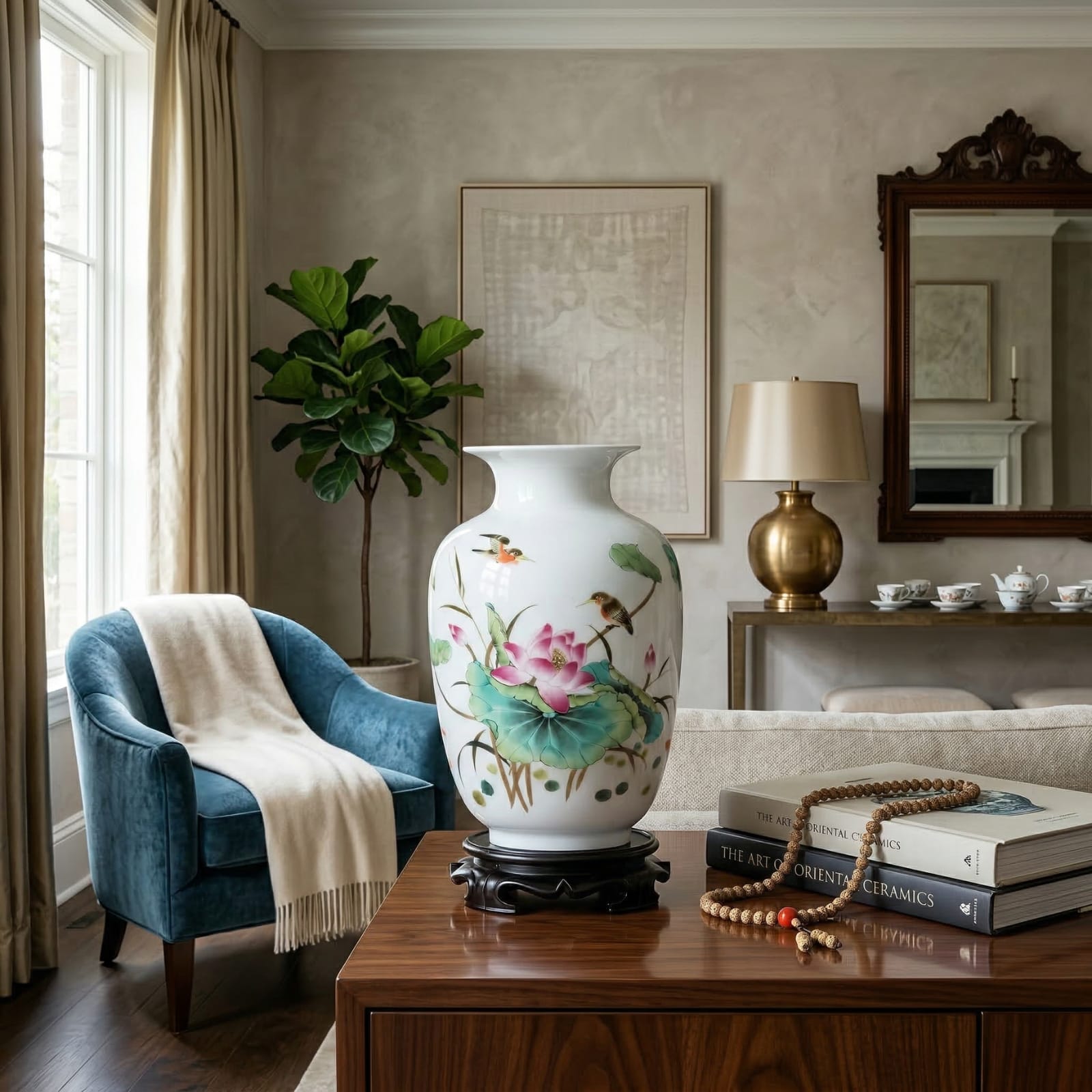 Vase chinois en céramique et porcelaine motif lotus rose & oiseaux Image