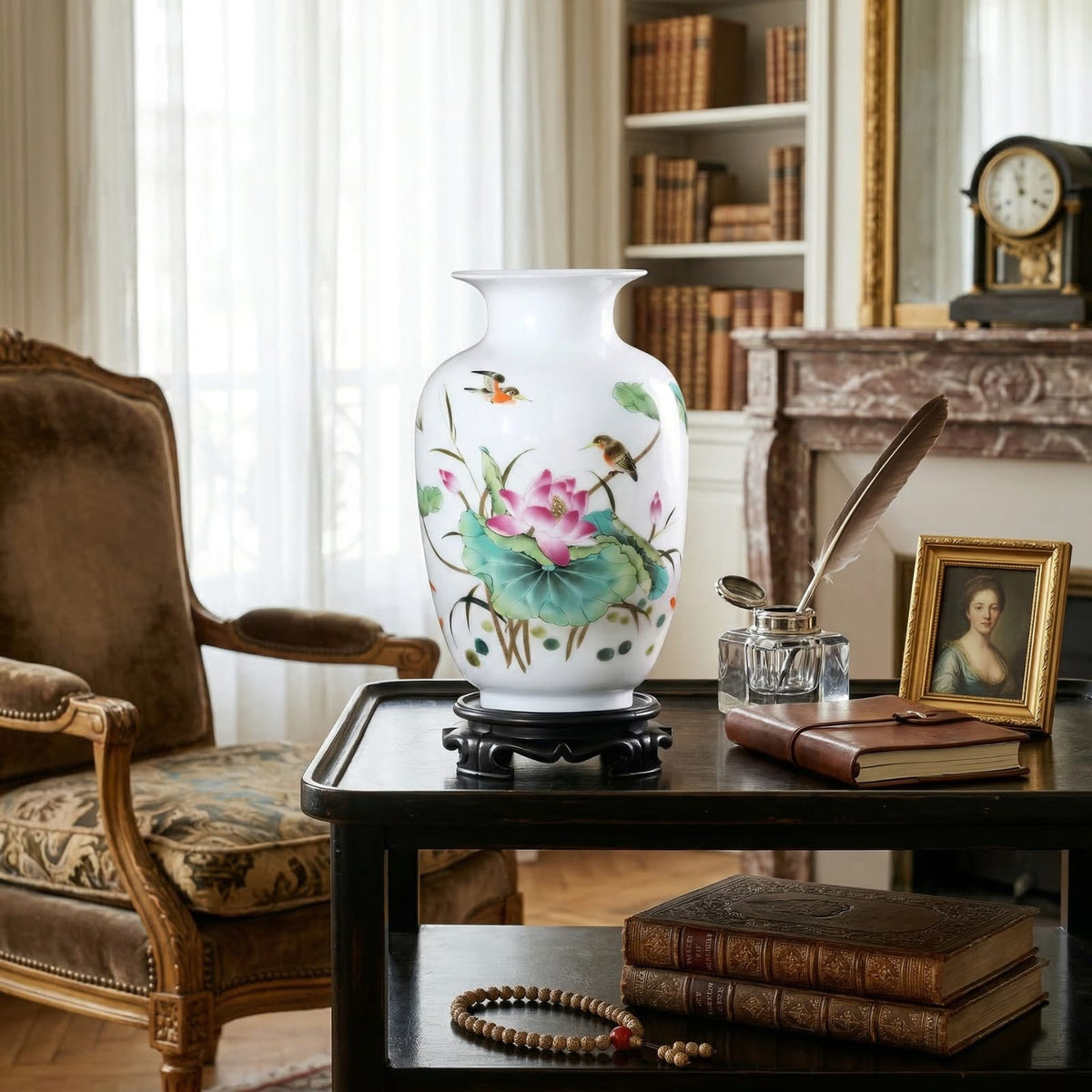 Vase chinois en céramique et porcelaine motif lotus rose & oiseaux
