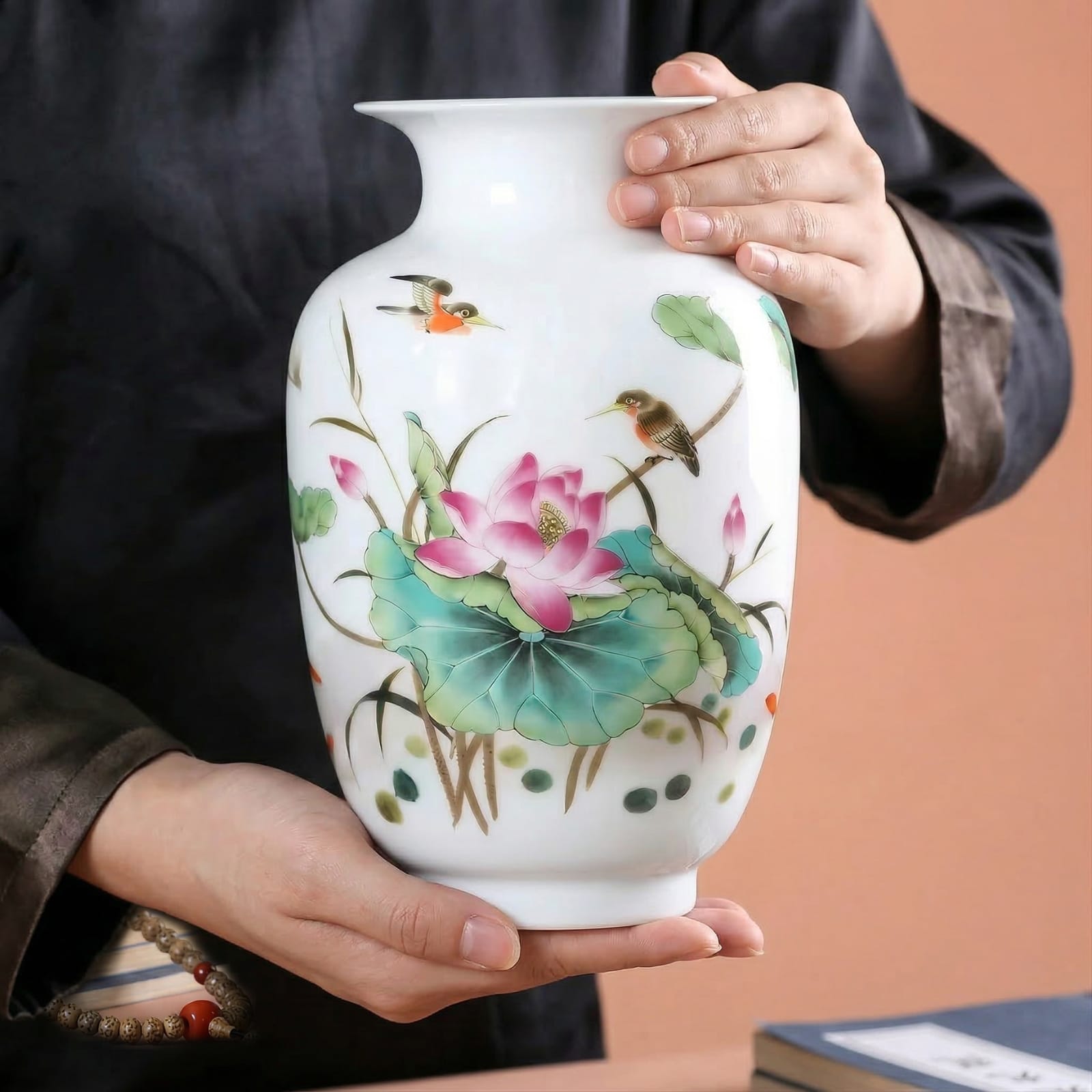 Vase chinois en céramique et porcelaine motif lotus rose & oiseaux Image