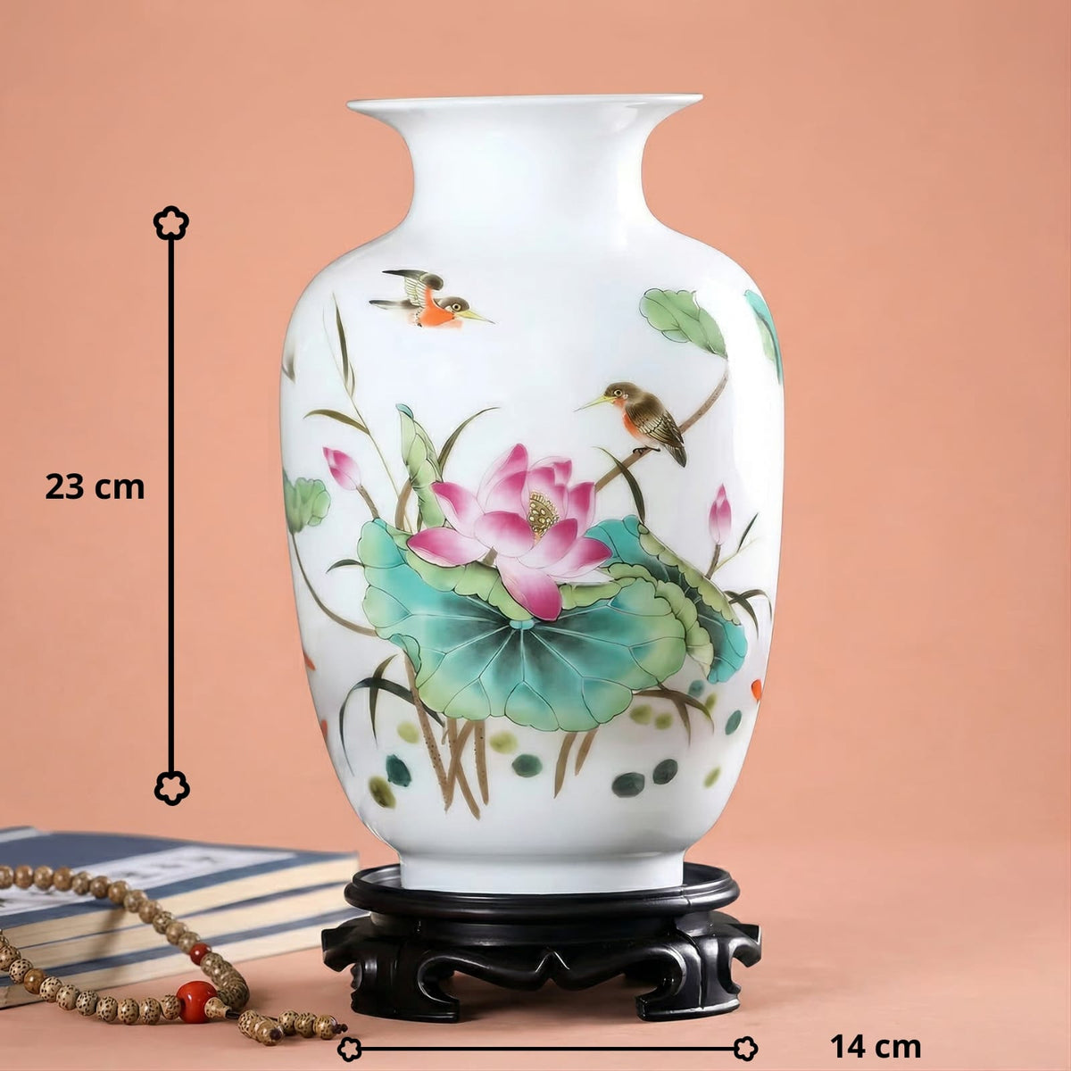 Vase chinois en céramique et porcelaine motif lotus rose & oiseaux