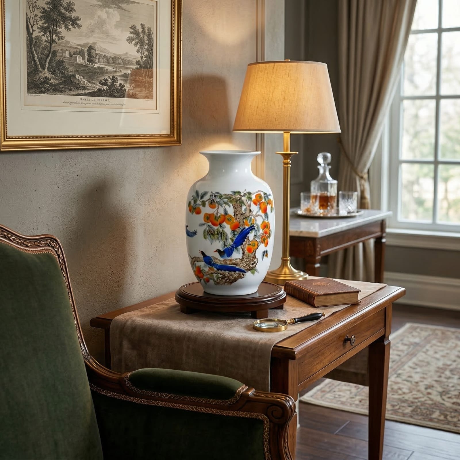 Vase chinois en céramique et porcelaine motif oiseaux bleus & kakis Image