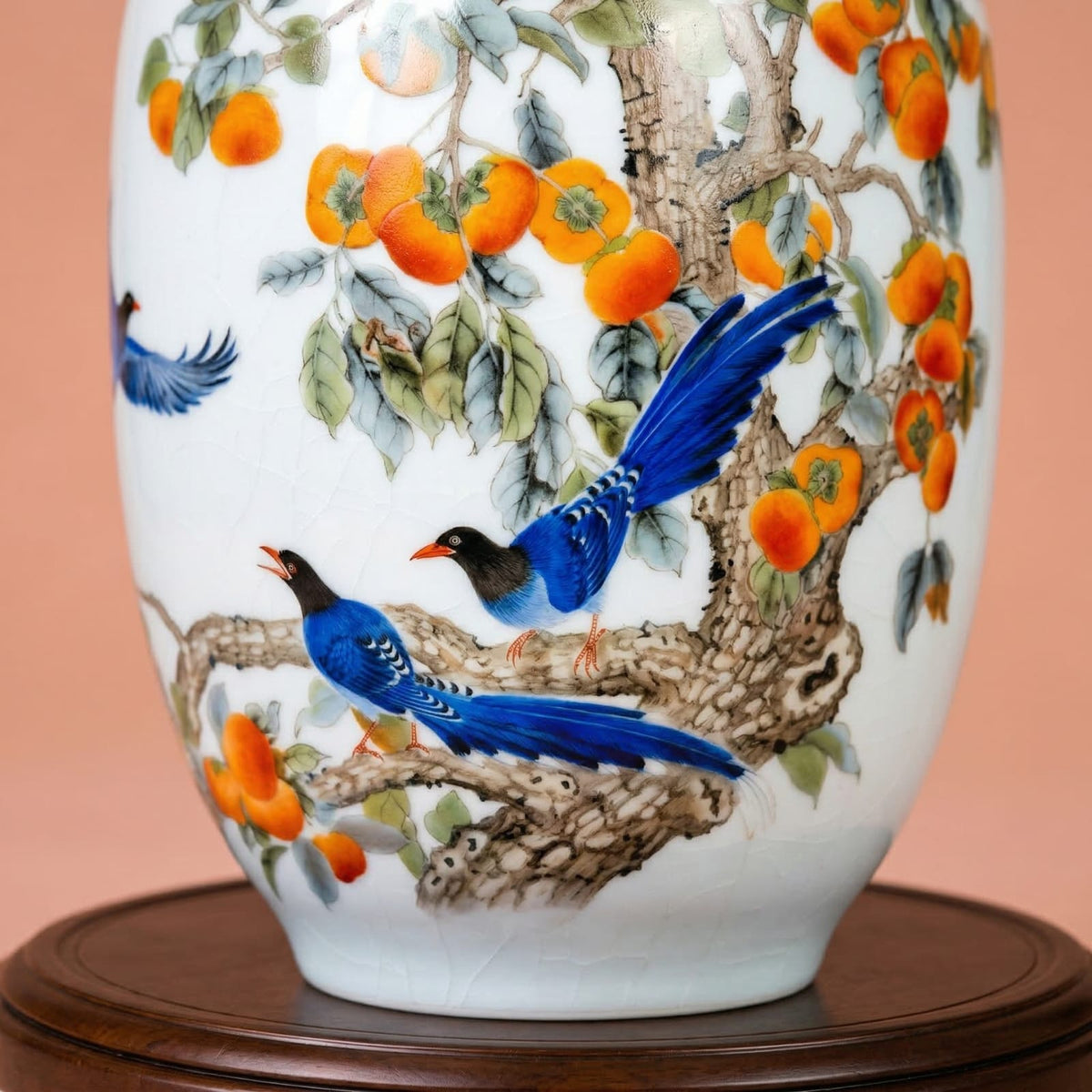 Vase chinois en céramique et porcelaine motif oiseaux bleus & kakis