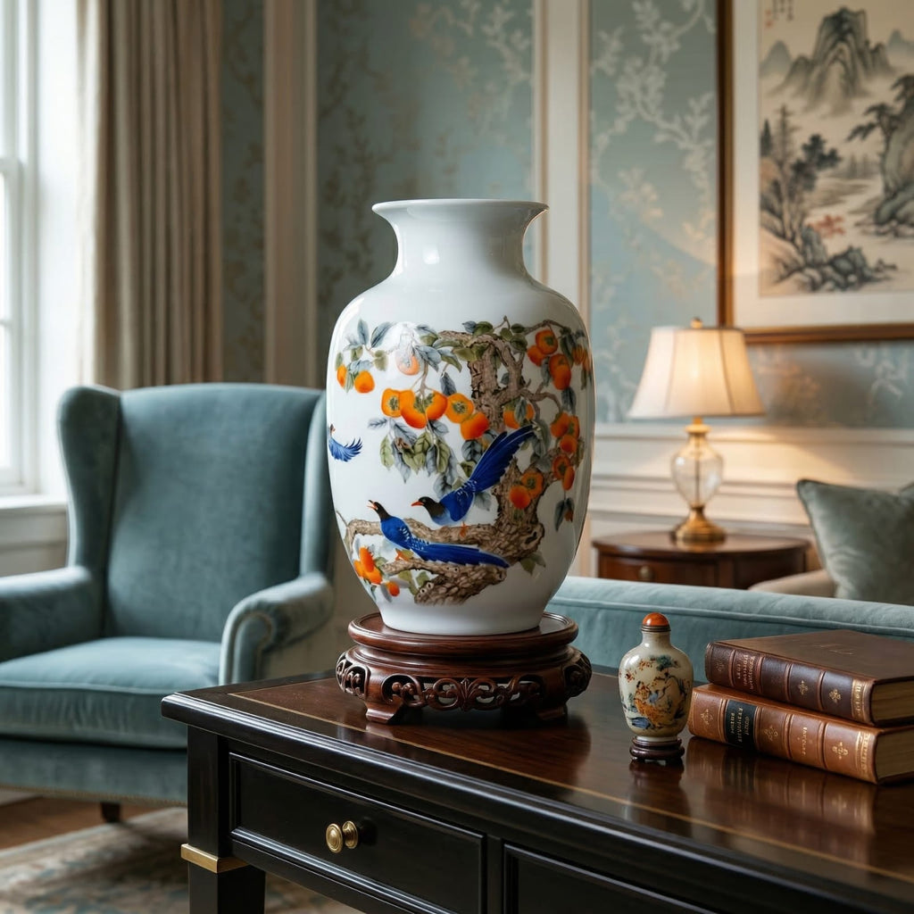 Vase chinois en céramique et porcelaine motif oiseaux bleus & kakis