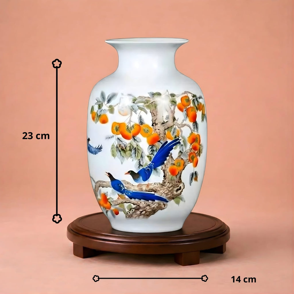 Vase chinois en céramique et porcelaine motif oiseaux bleus & kakis