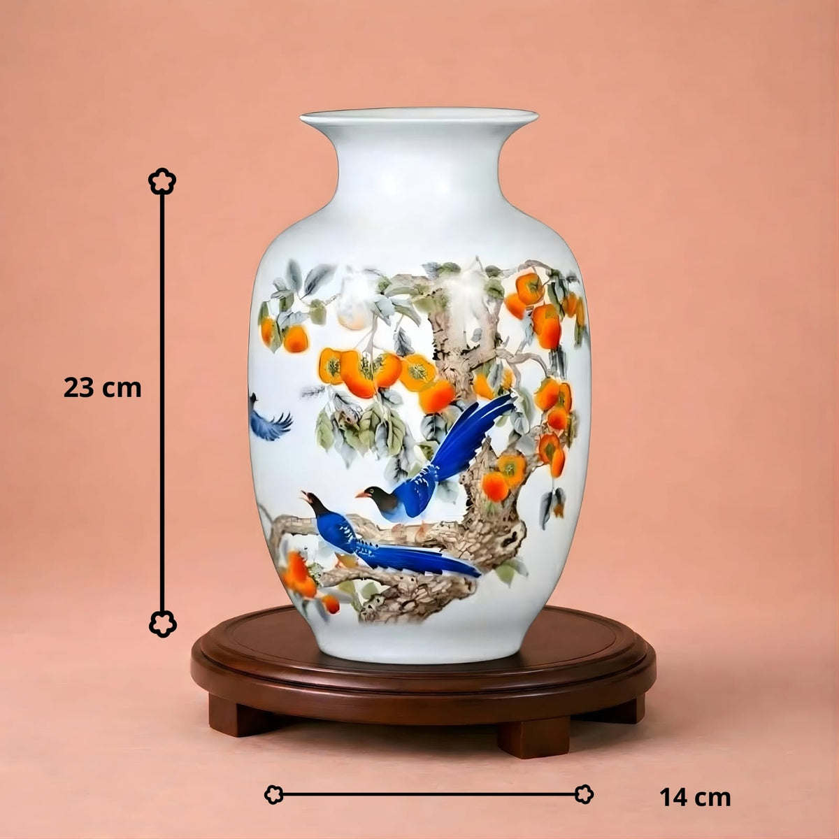 Vase chinois en céramique et porcelaine motif oiseaux bleus & kakis