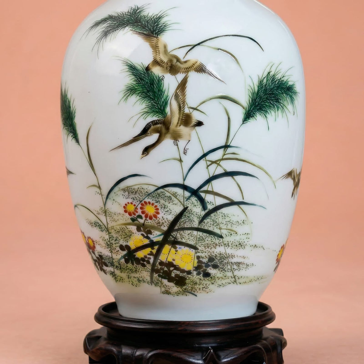Vase chinois en céramique et porcelaine motif oiseaux et bambous