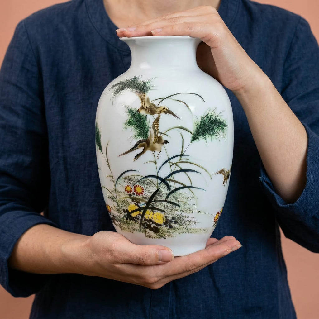 Vase chinois en céramique et porcelaine motif oiseaux et bambous