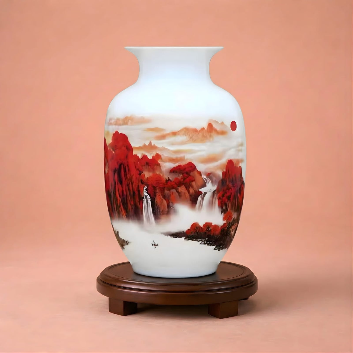 Vase chinois en céramique et porcelaine motif paysage rouge & cascade
