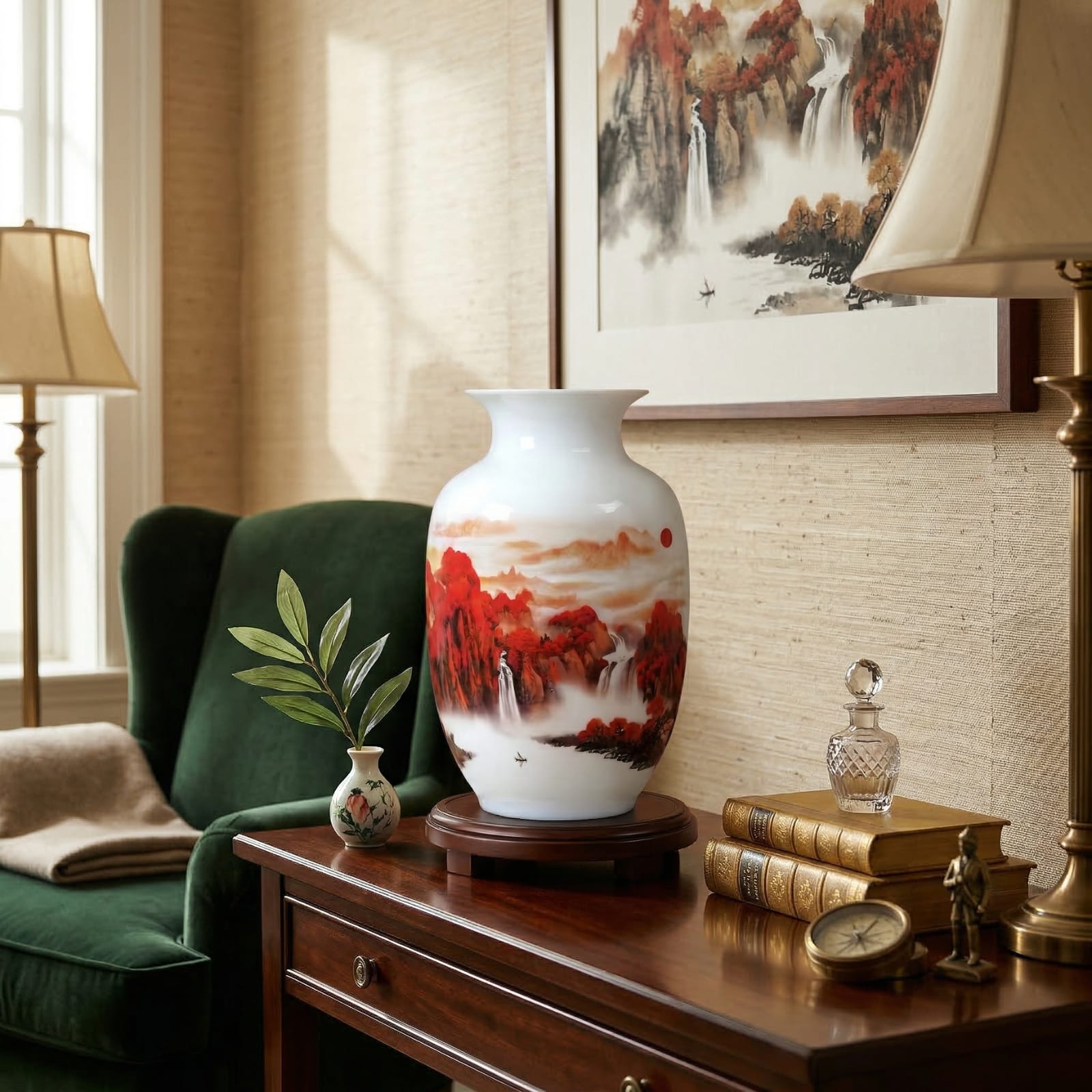 Vase chinois en céramique et porcelaine motif paysage rouge & cascade Image