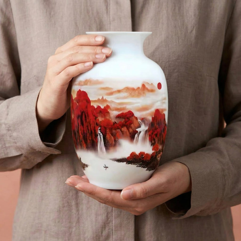 Vase chinois en céramique et porcelaine motif paysage rouge & cascade