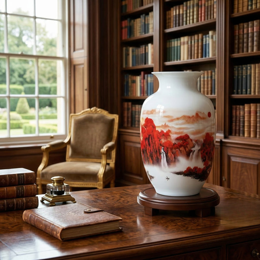 Vase chinois en céramique et porcelaine motif paysage rouge & cascade