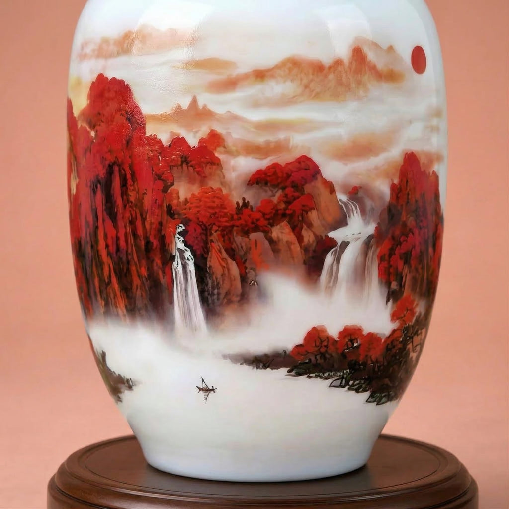 Vase chinois en céramique et porcelaine motif paysage rouge & cascade