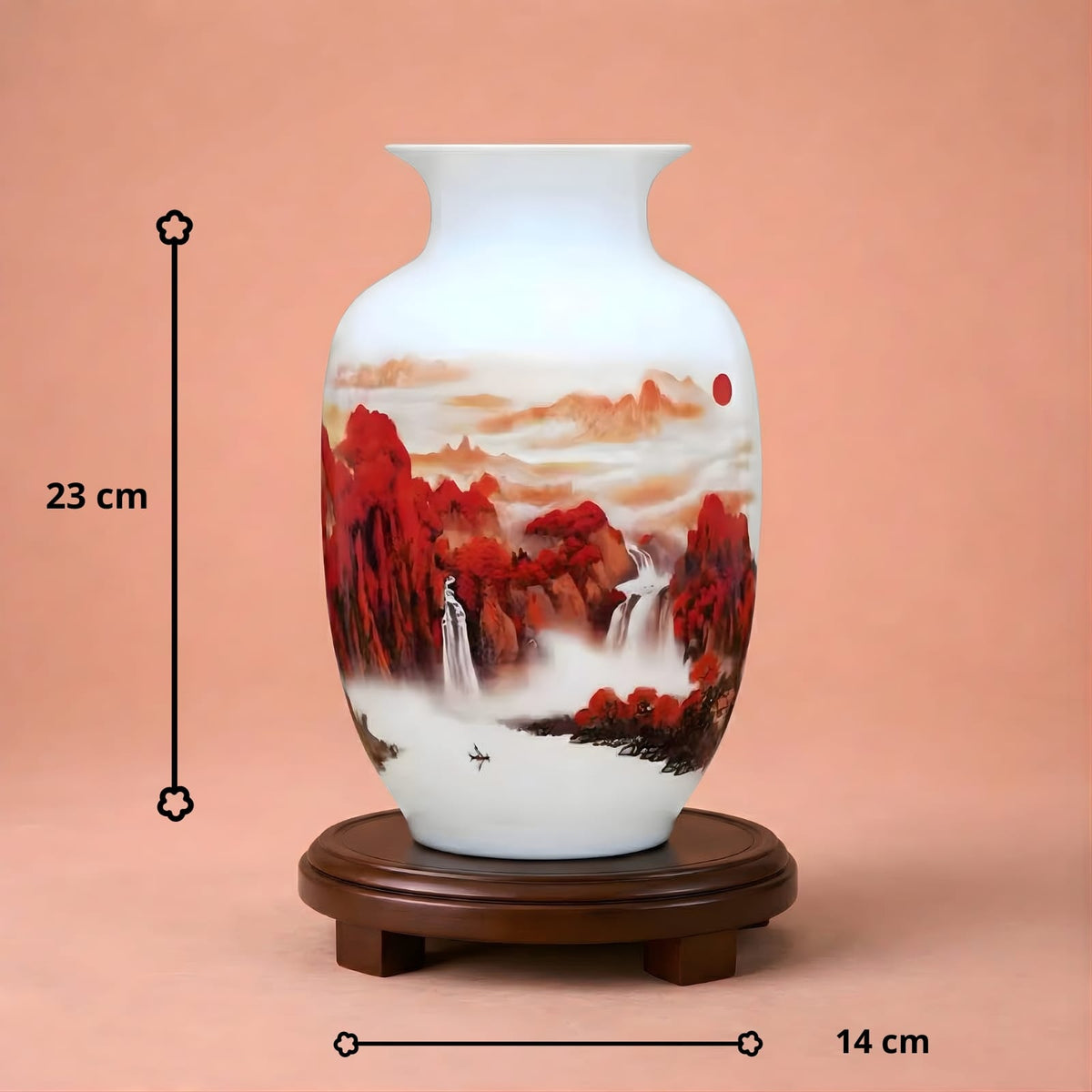 Vase chinois en céramique et porcelaine motif paysage rouge & cascade
