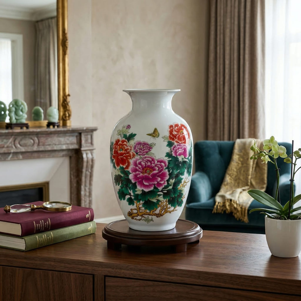 Vase chinois en céramique et porcelaine motif pivoines colorées & oiseau