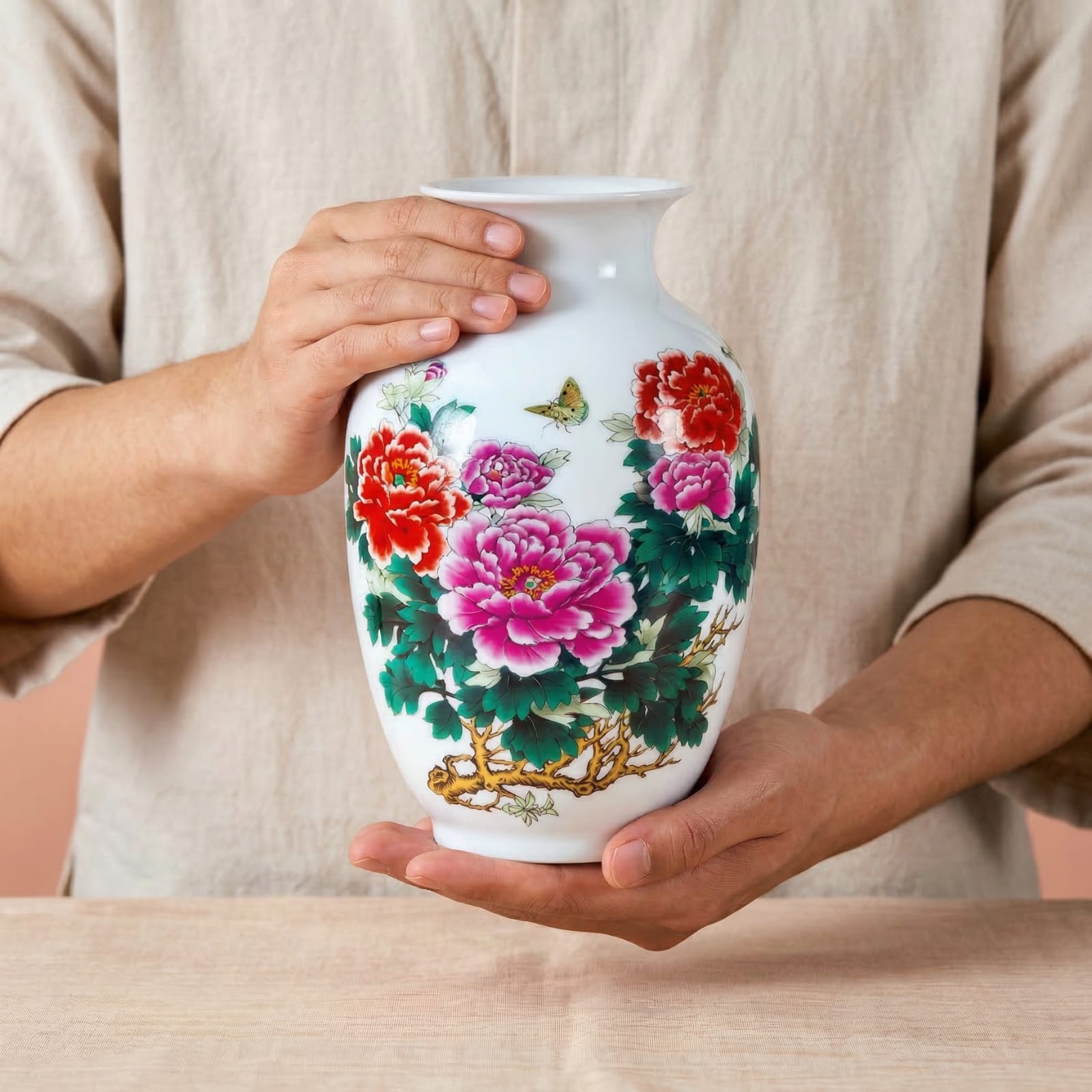 Vase chinois en céramique et porcelaine motif pivoines colorées & oiseau Image