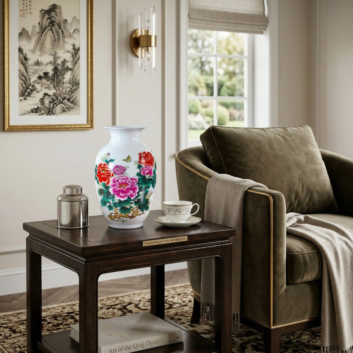 Vase chinois en céramique et porcelaine motif pivoines colorées & oiseau