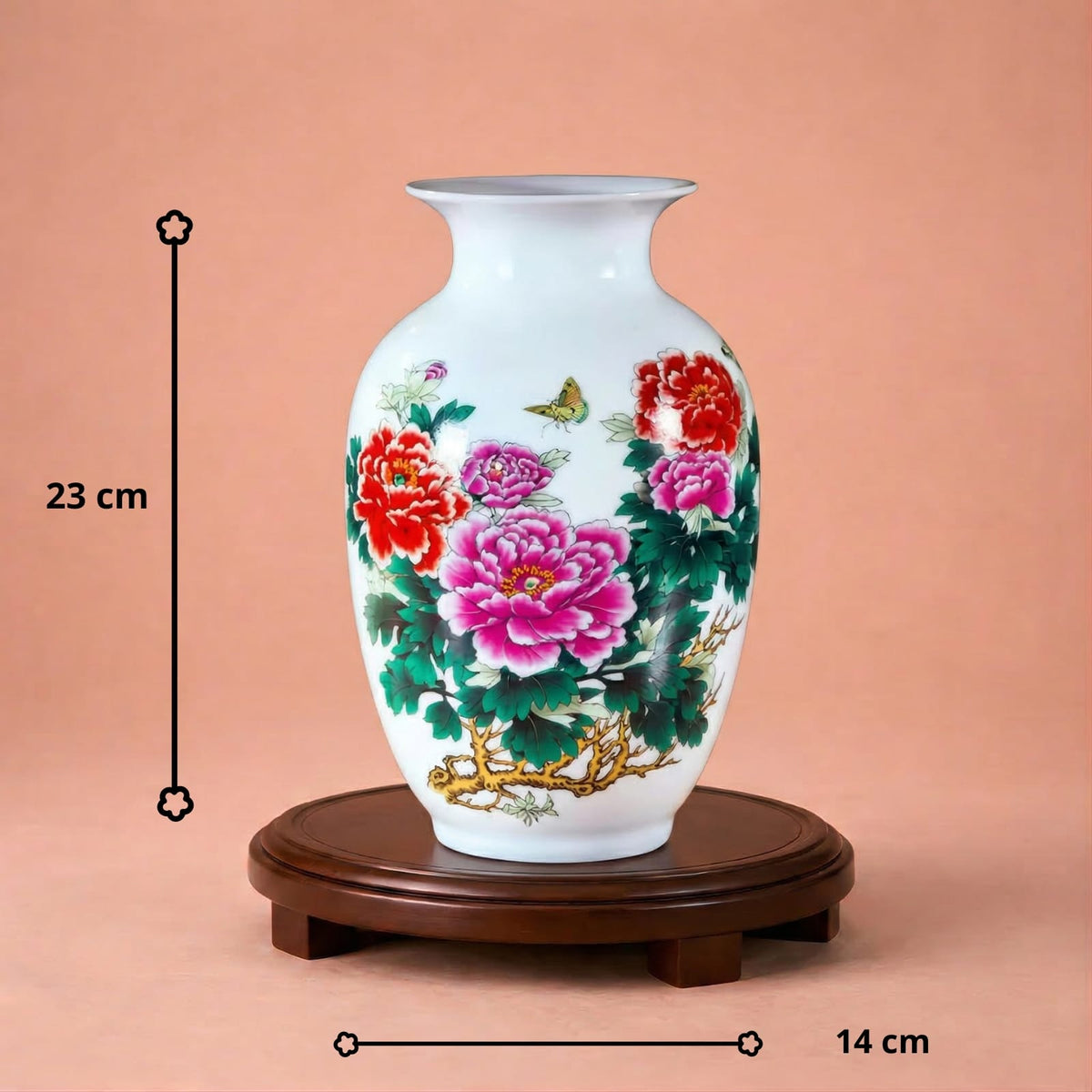 Vase chinois en céramique et porcelaine motif pivoines colorées & oiseau