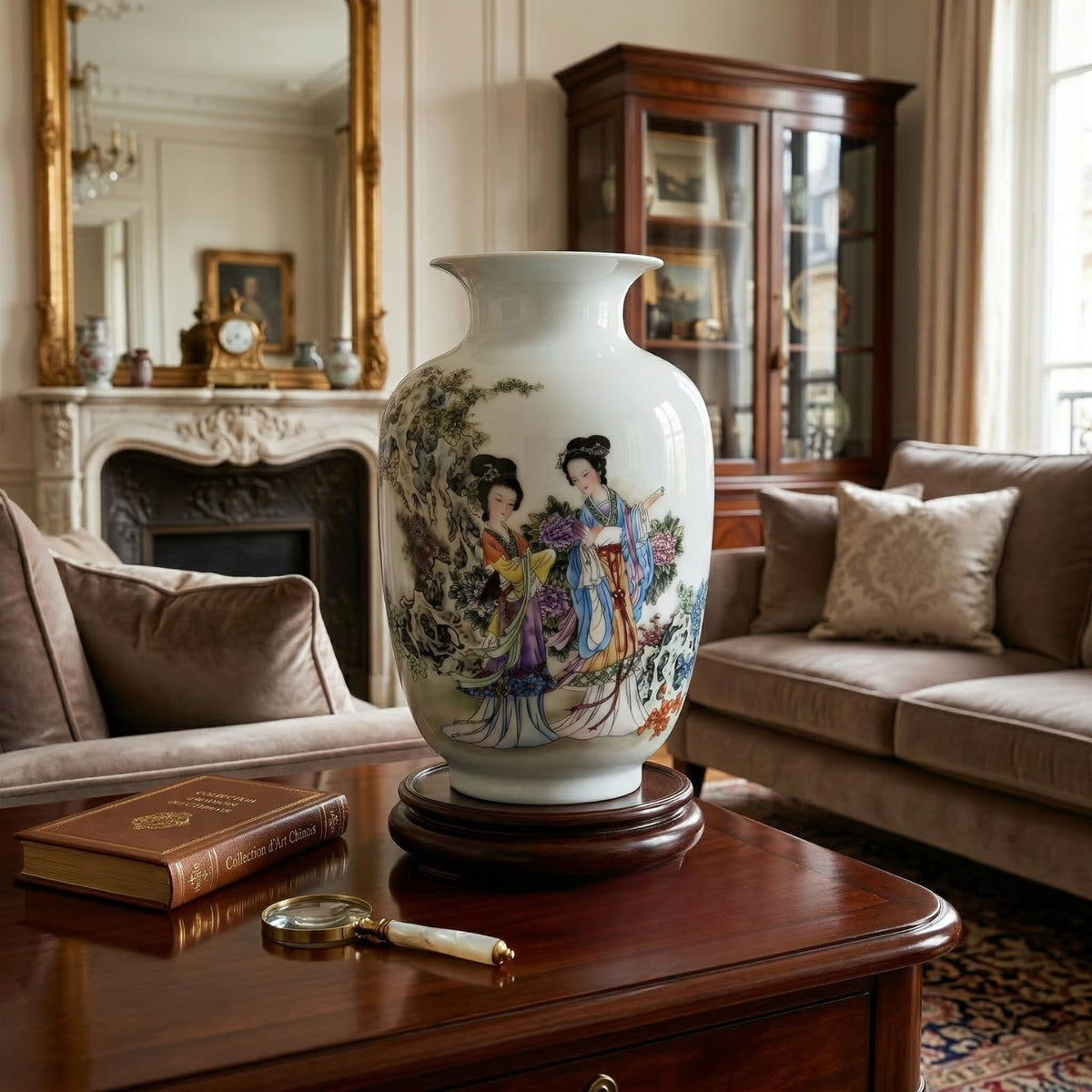 Vase chinois en céramique et porcelaine motifs courtisanes