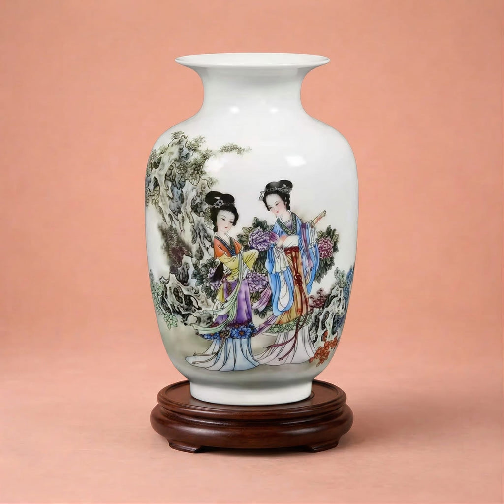 Vase chinois en céramique et porcelaine motifs courtisanes