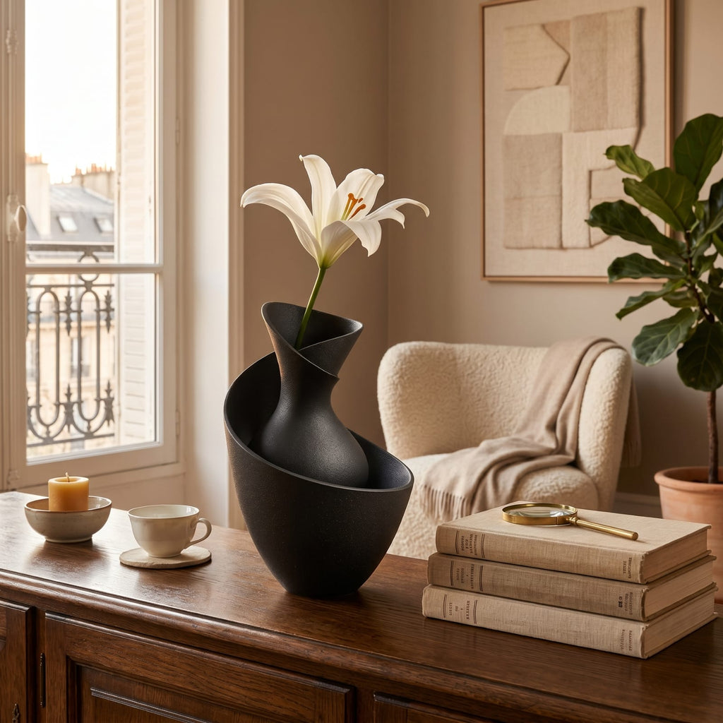 Vase Décoratif Sculptural | Design Nordique Noir & Blanc